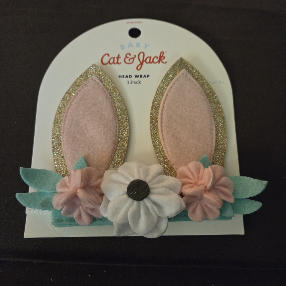 Cat & Jack Baby Head Wrap with Bunny Ears and Pink and White Flowers NWT